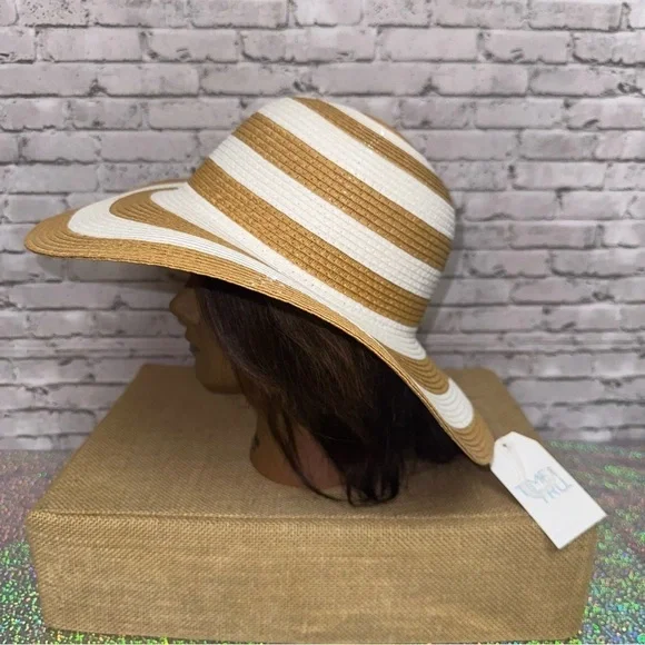 Time and Tru Striped Women's Sun Hat One Size Tan White Beach Floppy Hat NEW - Picture 3 of 11